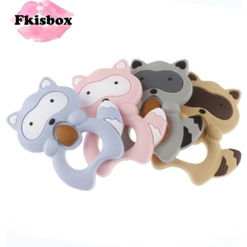 Fkisbox Silicone Teether 2pc Raccoon Baby Teether Necklace Pendant Teething Chain Pacifier Nursing Soft Toy Accessory Bpa Free