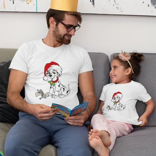 Cartoon Family Matching Tshirt Christmas Spotted Dogs Tshirt Babi Clothes Fashion T-shirt Woman Short Sleeve Casual Mom Kids Top