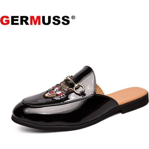 Germuss Embroidery Animal Designs Men Slippers Fashion Show Mens Half Loafers Men Slides European Elegant Sandals