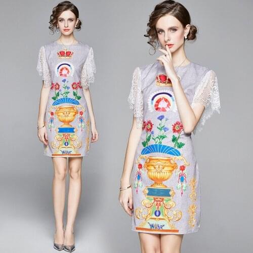 Summer Runway Vintage Print Crew Neck Lace Patchwork Ruffled Sleeve Women Ladies Party Casual Party A-Line Mini Shift Dress