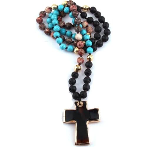 Fashion Bohemian Tribal Jewelry Multicolor Lava Natural Stones Knotted Stone Black Cross Pendant Necklaces Women Ethnic Necklace