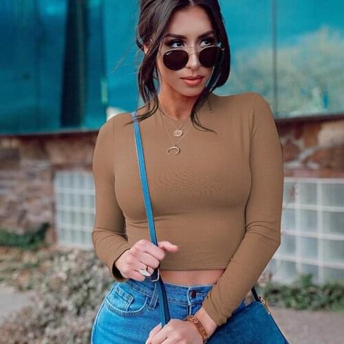 QICIUS Solid Basic Long Sleeve T Shirt Casual Black Brown Crop Top Mujer O Neck Korean Fashion Slim Tshirt Women Clothes
