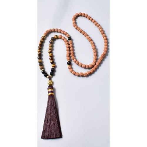 Natural Stone Tiger Eye Black Onyx With Rudraksha 108 JapaMala Necklace Buddhist Prayer Beads Yoga Meditation Tassel Necklace