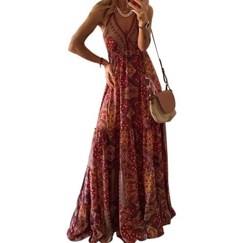 Womens Maxi Dress Floral Midi Sleeveless Deep V Neck Loose High Waist Summer Girl’s Retro Beach Clothes