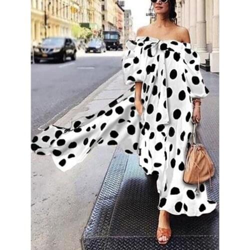 Ruffle Polka Dot Boho Dress Summer 2020 Women Off Shoulder Beach Maxi Dress Loose Plus Size Long Dress Brown Ladies Dresses