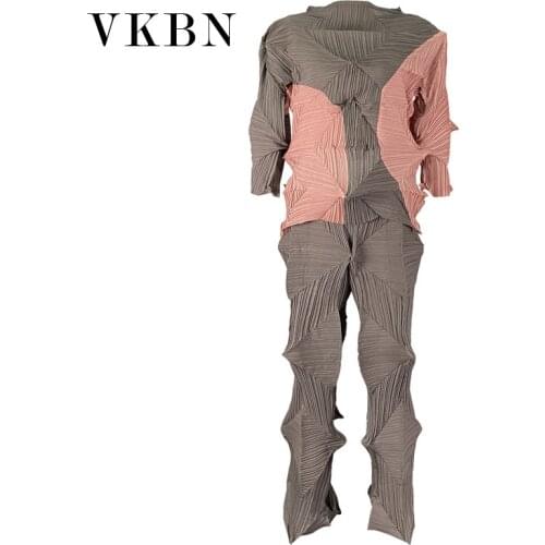 VKBN Top 2 Piece Set Women Spliced Three Quarter Sleeve High Waist Trousers Suit Pleated Fabric Slash Neck Pullover Pants Set