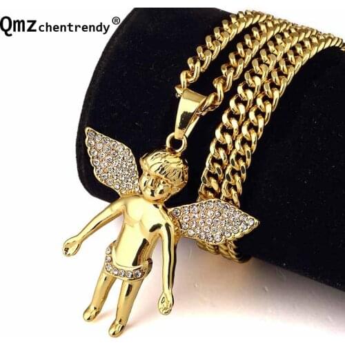 High Quality Hip hop Rock Jewelry Gold Chain Boy Angel Wings Pendants Snake Chain Necklace for men women trigon Accessories