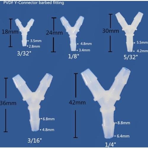 PVDF Barbed Y connector Y tubing connector Three-way connector hose fitting ozone resistance Size 3/32",1/8",5/32",3/16",1/4"