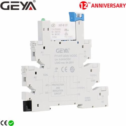 GEYA Slim Relay Module Protection Circuit 6A Relay 12VDC/AC or 24VDC/AC Relay Socket 6.2mm thickness