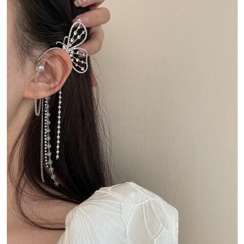 Arc Ear Hanging Clip For Women Girls Ear Clips Jewelry Elegant Butterfly Earring No Piercing Ear Cuff Rhinestone Tassel Earring