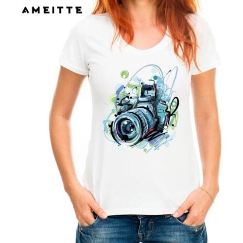 AMEITTE 2019 Summer Tops Art Design Camera Print T Shirts Base O-Neck Short Sleeve Women Tshirt All-match White Tee Shirt