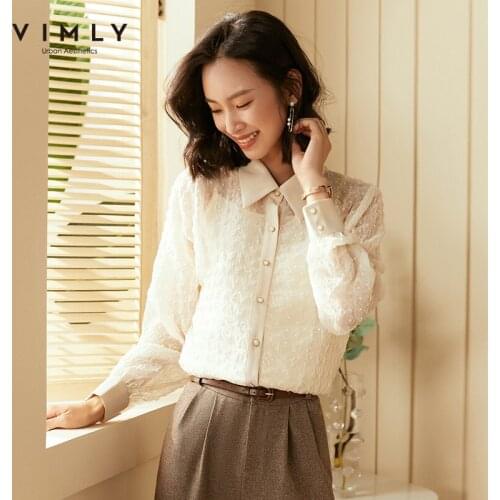 Vimly Autumn Women Shirts Office Lady Turn Down Collar Single Breasted Chiffon Blouse 2020 Vintage Blusas Feminina F2108