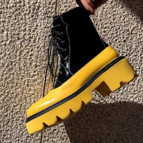 Patent Leather Round Toe Women Ankle Boots Brand Design Cross-tied Mixed Colors Flower Sole Female Shoes Square Heel Women Boots