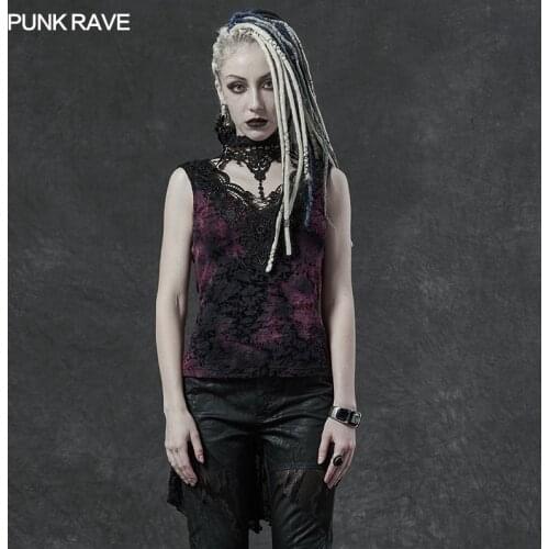 PUNK RAVE Womens Gothic Gorgeous Asymmetry Waistcoat Lace Elegant Fashion Flocking Vest Network Knit Stage Performance Tank Top