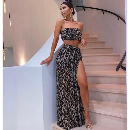 European and American womens autumn 2021 new fashion sexy casual leopard print waist open slit strapless skirt suit