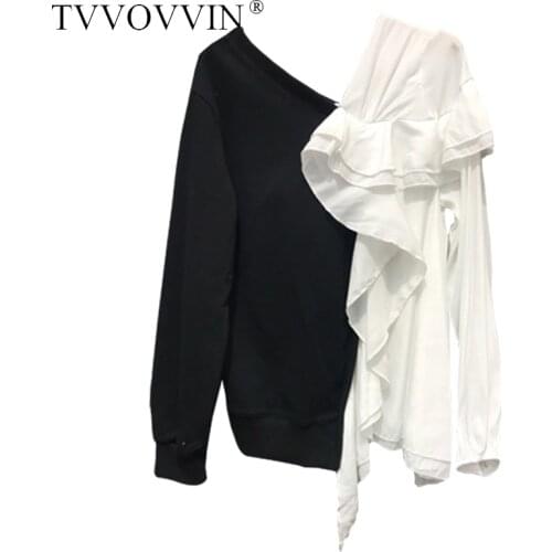 Loose Loose Fit Black Contrast Color Ruffles Sweatshirt V-Neck Long Sleeve Women Big Size Fashion Tide Spring 2020 JOWB