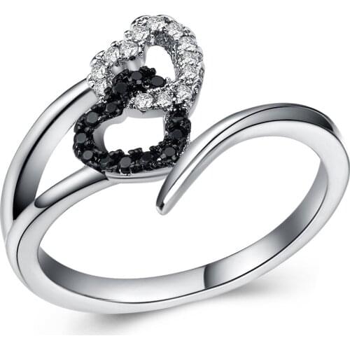 Hainon 2019 New Fashion Silver Color Rings Black Crystal Cubic Zirconia Love Heart Ring for Women Wedding Luxury Jewelry Gifts
