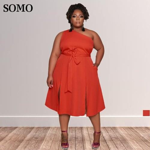 Plus Size Clothing Women Fashion Style Inclined Shoulder Solid Color Bandage Pocket Split Fork Midi Dress Wholesale Dropshipping