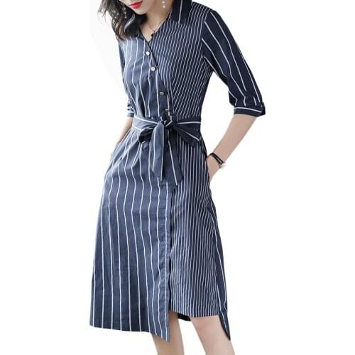 Summer Women Blue Office Dress 2019 New Fashion Striped V-neck Half Sleeve Casual Stripedl Button Shirt Dresses Vestidos HJ290