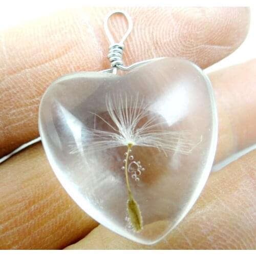 Natural stone quartz Crystal Heart-shaped glass dandelion seeds pendant for diy leather necklace jewelry 10pc