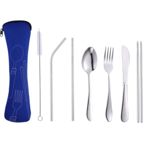 7Pcs/Set Stainless Steel Tableware Set Portable Spoon Fork Knife Lunch Set Travel Tableware Dinnerware With Bag SN2619