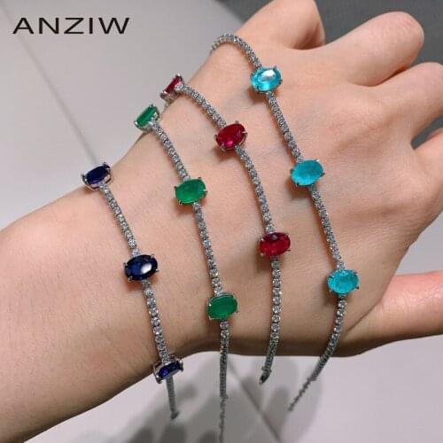 ANZIW Sterling Silver Oval Cut Lab Created Emerald Lab Created Ruby Fashion Simple Bracelet for Women Jewelry Gifts