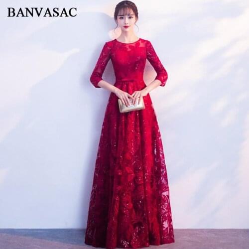 BANVASAC 2018 Sequined O Neck A Line Lace Embroidery Long Evening Dresses Vintage Bow Sash Party Prom Gowns