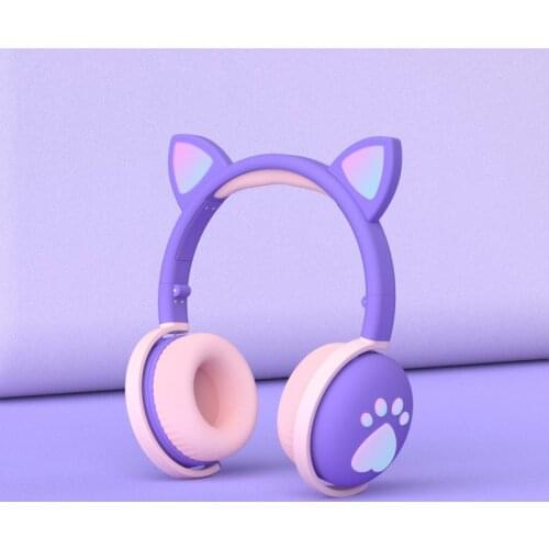 BENTOBEN Wireless Bluetooth 5.0 Headset Cute Cat LED Light Stereo Bass Headphones For Mobile Phones Girl Kids Gift