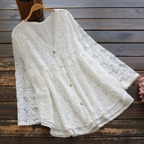 Spring Autumn Casual Sweet Embroidered Blouses Women Clothing Artistic Loose Fake Two Piece V-Neck Long Sleeved Female Tops U694