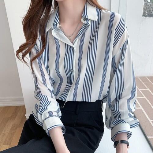Blouse Women Chiffon Striped Casual Long Sleeve Shirt Women Blouse Ladies Clothes 2021 Autumn Button Womens Tops Chemisier Femme
