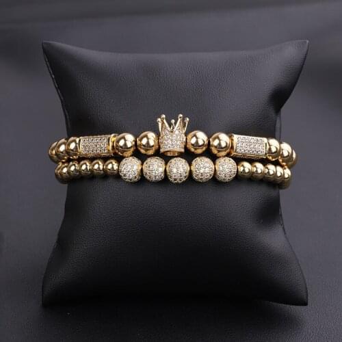 High Quality Luxury Men Women Jewelry Bracelet CZ Micro Pave Ball Crown Charm Adjustable Beads Macrame Bracelet Set