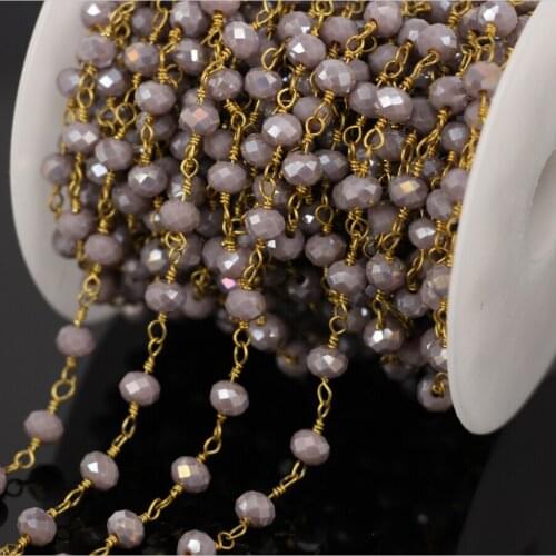 DIY 5Meter Silver Gray Faceted Crystal Glass Rondelle Wire Wrapped Chain Beaded,Gold Plated Rosary Style Women Jewelry Findings