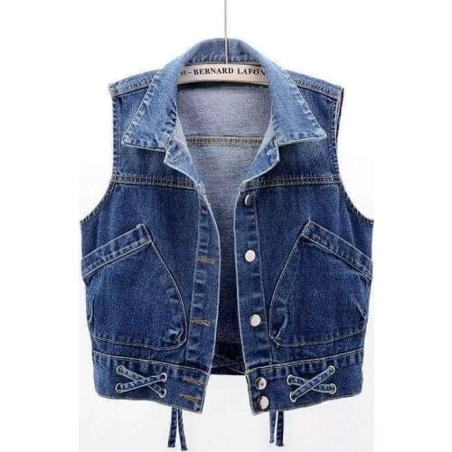 Streetwear Sleeveless Plus Size Short Denim Jacket Women Summer Slim Denim Gilet Casual Feminina Bandage Jean Waistcoat 9010943