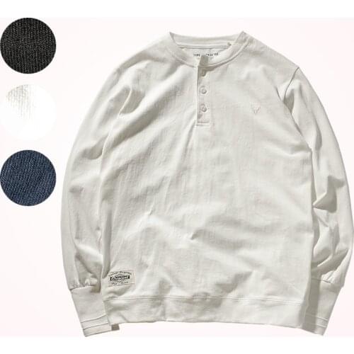 2020 Autumn Winter New Mens Fashion Simple Long Sleeve Henry Collar 100% Cotton Washed Old Slim Solid T-shirt Bottomed Shirt T