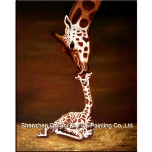 100% Handpainted Oil Paintings Wall Picture Animal Oil Painting on Canvas Giraffe Mother And Baby Wall Art for Home Decoration