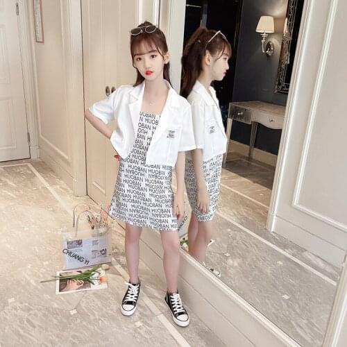 Girls Summer Clothes Set 2021 Design Short Sleeve Blazer + Sling Dress 2 Pieces Set Girls Clothes 10 12 Year Kids Clothing