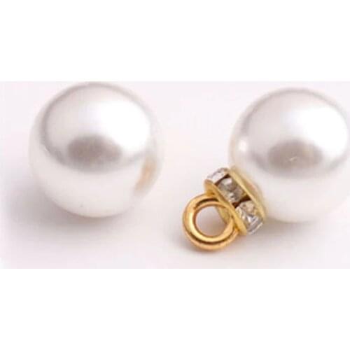 20pcs 10mm Full Round White Bridal Buttons with Diamond Faux Pearl loop Dangle Small Shirt Sewing Clothing Gold Shank Accessory