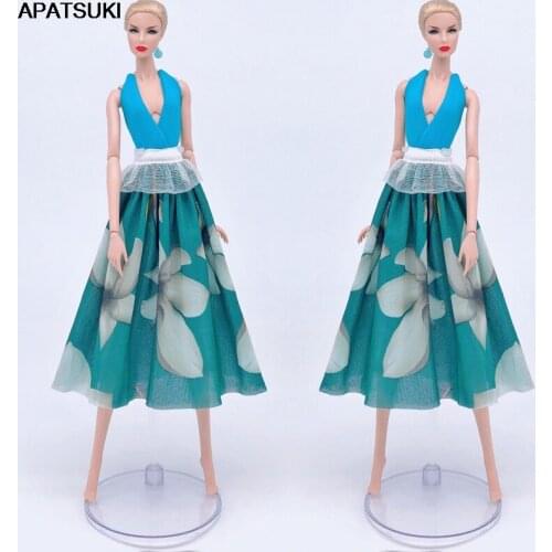 Turquoise Fashion Doll Clothes For Barbie Doll Dress Outfits Vest Top & Countryside Floral Midi Skirt 1/6 Doll Accessories