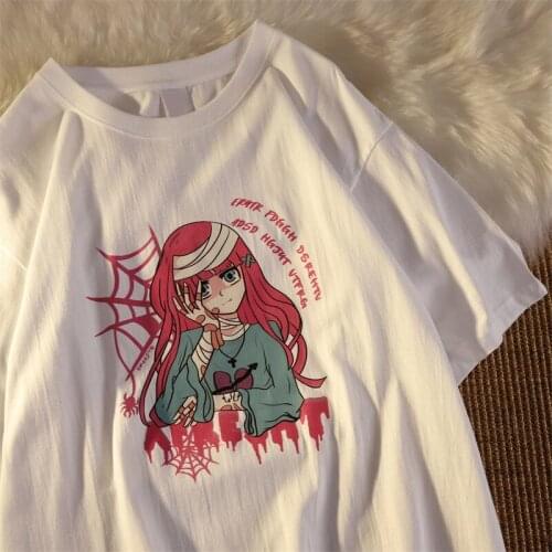 Cartoon Cute Anime Kawaii Black Vintage Girl Japan Streetwear Harajuku Casual Top Loose Oversized Summer Women T-shirt Tops Y2k