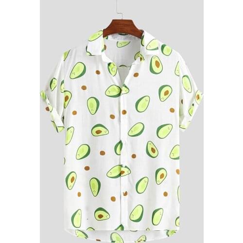 2021 New Avocado Printed Casual Mens Shirt Hawaiian Beach Wear Male Blouses Short Sleeve Daily Top Korean Fashion Clothing