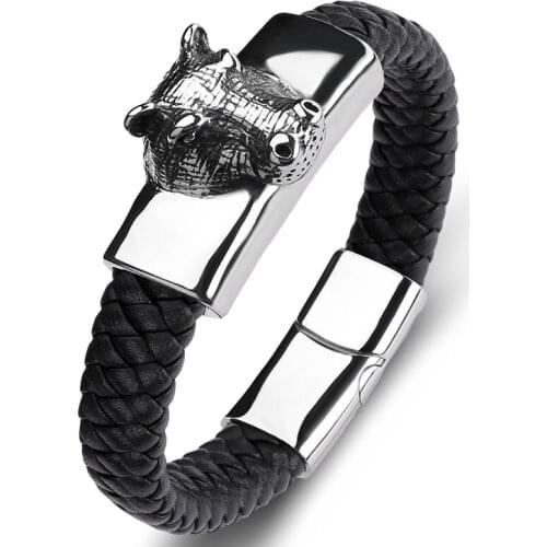 Trendy Men Braided Leather Rope Bracelet Stainless Steel Hippo Leather Bangles Punk Rock Party Jewelry Male Wristband Gifts P122