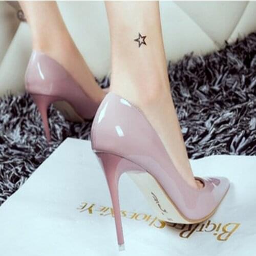 Europe and the United States new nude color 10cm high heels fashion stiletto pointed sexy black patent leather work shoes