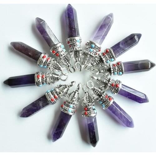 Wholesale 12pcs/lot new fashion good quality natural stone amethystspillar charms Pendants for jewelry marking free shipping