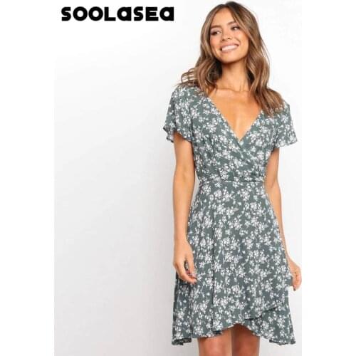 Soolasea 2021 New Women V Neck Floral Print Dress Summer Casual Short Sleeve Mini Beach Dress Ladies Wrap Sundress Vestidos