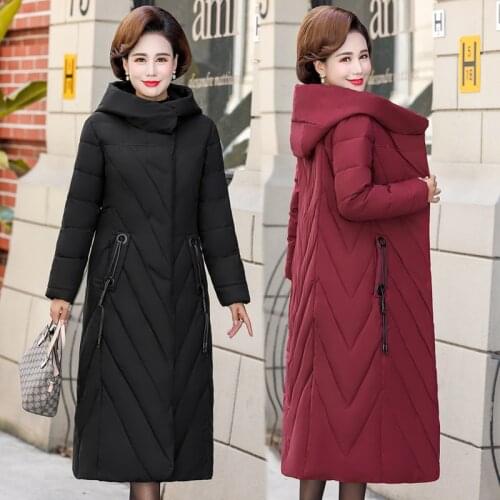 Middle-aged Womens Down Cotton Jacket Female long Hooded Oversize Coat Thick Warm Jacket Cotton Padded Wadded Parkas 4XL W2220