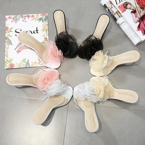 New Summer Women Slippers PVC Transparent Open Toe Women Flowers Shoes Women High Heels Wedges Sandals Female Jelly Shoes