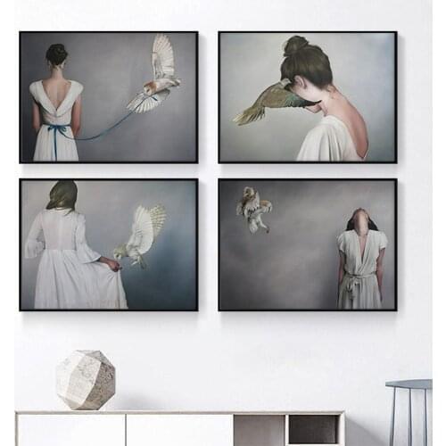 Nordic Minimalist Healing Girl and Bird Canvas Painting HD Spray Creative Art Beauty Poster Living Room Porch Home Wall Decor