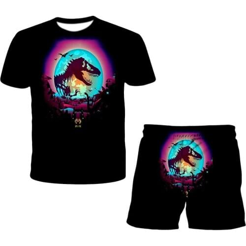New Fashion 2021 Dinosaur Cartoon Boys and Girls 3D Printing Sports Suit Tops + Pants Two-piece Set T-shirt Children Girls Boys
