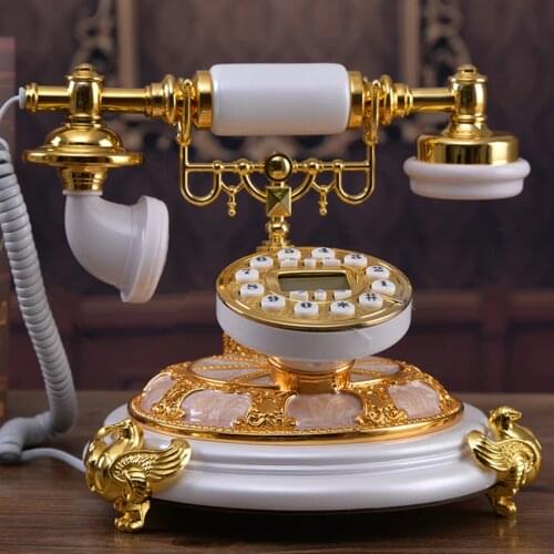 Antique Corded Telephone Phone Vintage White Gold Landline for Home Decoration, with Caller ID, Push Button, Hanging Headset
