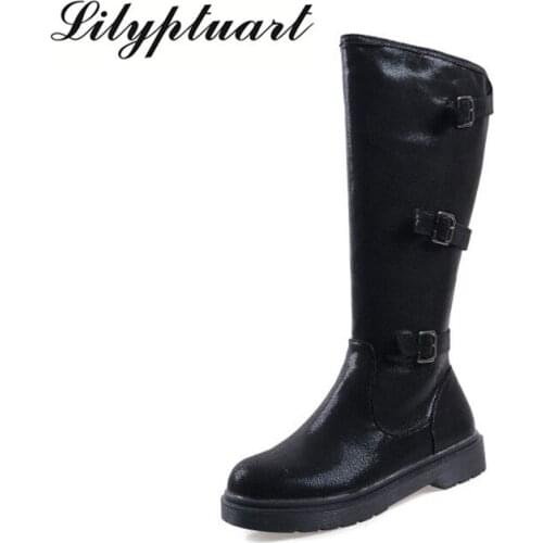 Europe and the United States warm high boots low heel slip knight motorcycle boots round head belt buckle fashion ladies boots